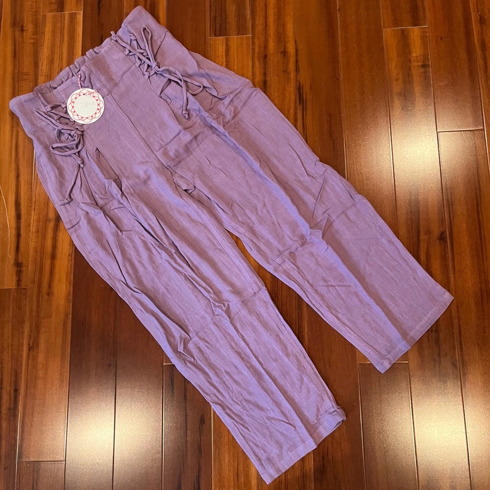 Umgee Purple Linen Pants Wide Leg Tie Front Elastic Pants Lavender New Sz Large